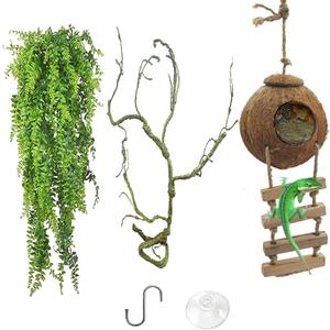 MUYG Crested Gecko Coconut Hide with Ladder,Reptile Natural Coco Shell Ladders Geckos Hideout Hut Lizards Hermit Habitat Leopard Gecko Terrarium Plant Accessories for Chameleon Snakes