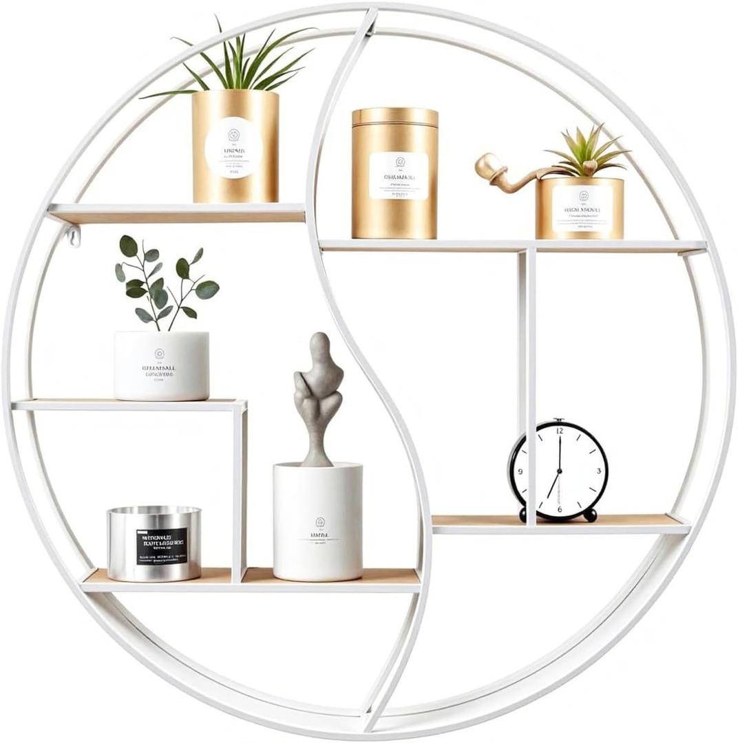 Round Wall Shelf,24 inch Metal Circle Wood Floating Shelves,Rustic White Wall Mounted Display Organizer Shelf for Fireplace,Living Room,Bathroom, 23.6 inches x 23.6 inches x 4.7 inches