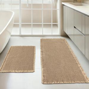Waffle Bath Mat Set of 2, Non Slip Waffle Rugs for Bathroom, Super Absorbent & Quick Dry Soft Shower Mat for Bathroom & Kitchen Floor, Machine Washable Bath Rugs (Brown) (20"48" Plus 17"24")