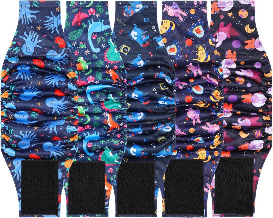 5 Pack Dog Diapers Male Reusable, Premium Belly Bands for Male Dogs, High Absorbing Male Dog Pee Wraps for Doggie in Incontinence or Excitable Urination and Training,Rabbit,M (Octopus)