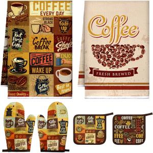 Bencailor 6 Pcs Kitchen Decor Pot Holders Oven Mitts 2 Dish Towels 2 Farmhouse Cooking Mittens Oven Glove 2 Potholder for Baking Cooking Grilling Supply Accessories(Dark Brown,Coffee Patterns)