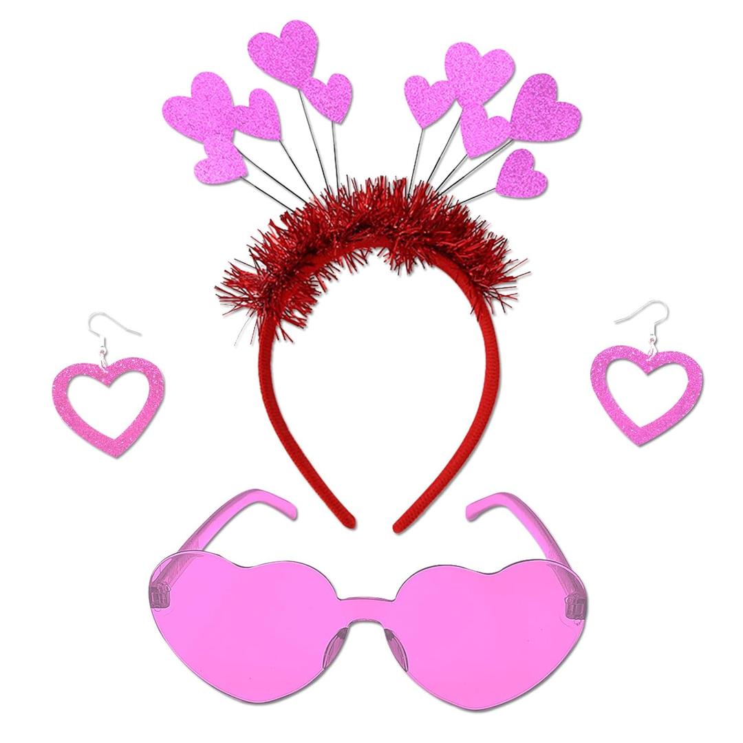 4 x Pink Heart Shape Headband Glitter Sunglasses Sequin Earrings Valentines Day Halloween Cosplay Costume Accessories Set