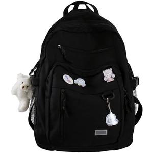 GAXOS Cute Aesthetic Backpack for School Middle Student Travel Pink Backpack Teens Girls Bear Pin Book Bags (Black2)