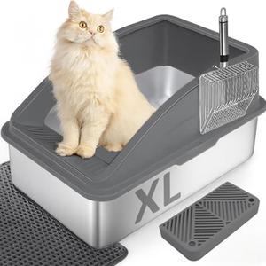 Stainless Steel Cat Litter Box with Enclosure, XLarge Litter Box for Cats and Kittens, Smooth Easy Clean Interior, Durable Metal Design with Cover, Litter Shovel, Pad and Footboard Included (Gray)