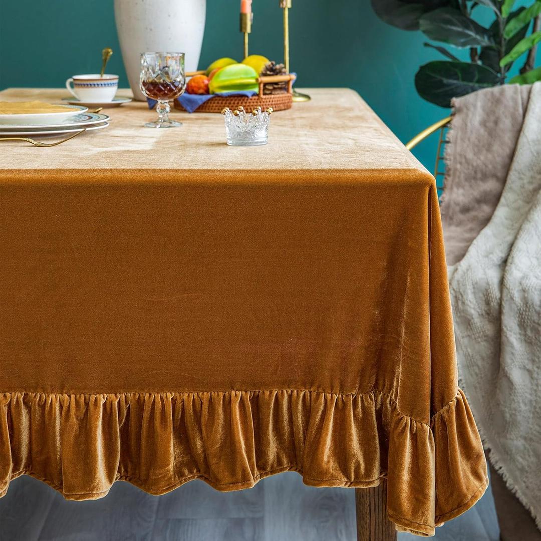 Velvet Tablecloth Luxurious Solid Rectangle Table Cloth, Oblong Retro Farmhouse Ruffle Tablecloths Washable Table Cover for Party Wedding Baby Shower Kitchen Dinning Tabletop Decoration (120" x 60" (Rectangular), Golden Camel)
