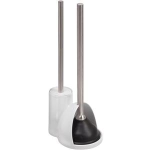 iDesign Plastic Toilet Bowl Plunger Set, Slim Compact Combo, 7.5" x 6" x 19", White and Brushed Stainless Steel