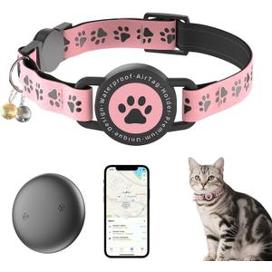 GPS Tracker for Cats, Waterproof GPS Cat Trackers Cats Collar with Bells, No Subscription, GPS Cat Collar, Adapt with Apple Find My (iOS Only) Finder Tag for Items Vehicles, Pets, Kids (Pink)