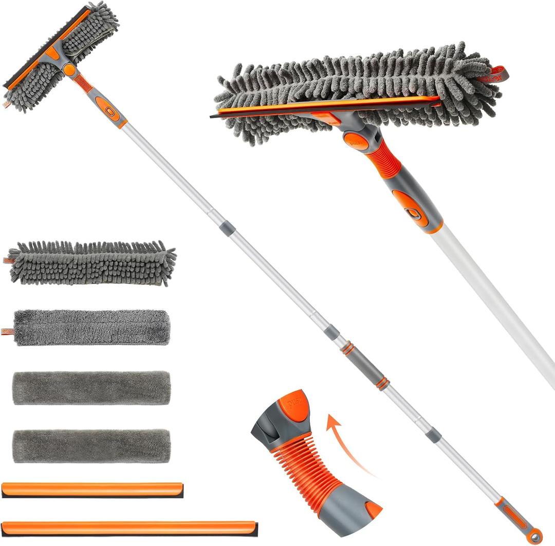 Eazer Squeegee Window Cleaner Tool, 2 in 1 Rotatable Window Cleaning Squeegee Kit with Extension Pole, 62'' Window Washing Kit, Bendable Head for Car Glass - 2 Scraper