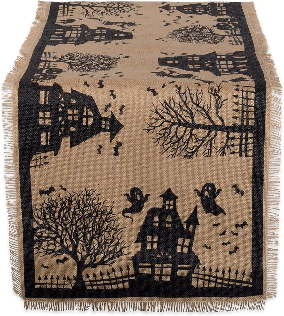 DII Halloween Primitive Style Burlap Tabletop Dcor, Spooky Haunted House Jute, Table Runner, 14x113, Black & Tan