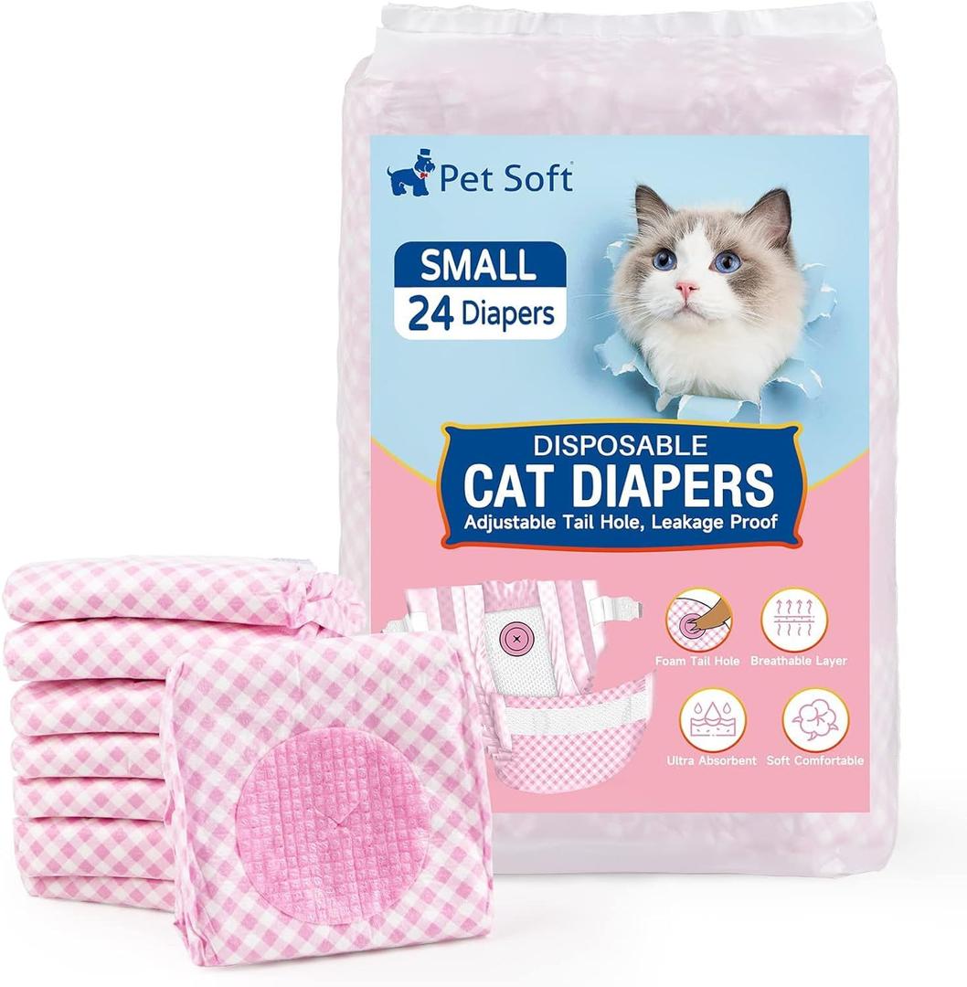Pet Soft Disposable Cat Diapers for Female & Male Cats, Puppy Doggie Diapers for Female Dogs with Adjustable Foam Tail Hole, 24pcs Small