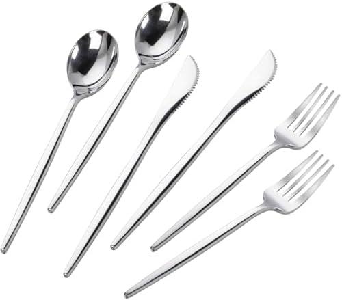 PULOTE 300PCS Silver Plastic Silverware Disposable - Heavy Duty Silver Plastic Cutlery - Disposable Utensils Set Include 100 Knives, 100 Forks and 100 Spoons for Party & Wedding