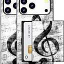 Compatible for iPhone 17 Pro Case with Card Holder Cute - Kawaii Design Military-Grade Drop Protection Rugged Wallet Cases for Women (Black Music Note Musical)