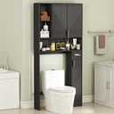 GOODONE Black Over The Toilet Storage Cabinet - with 3 Doors and Toilet Paper Holder Stand, Free Standing, for Bathroom, Restroom, Laundry