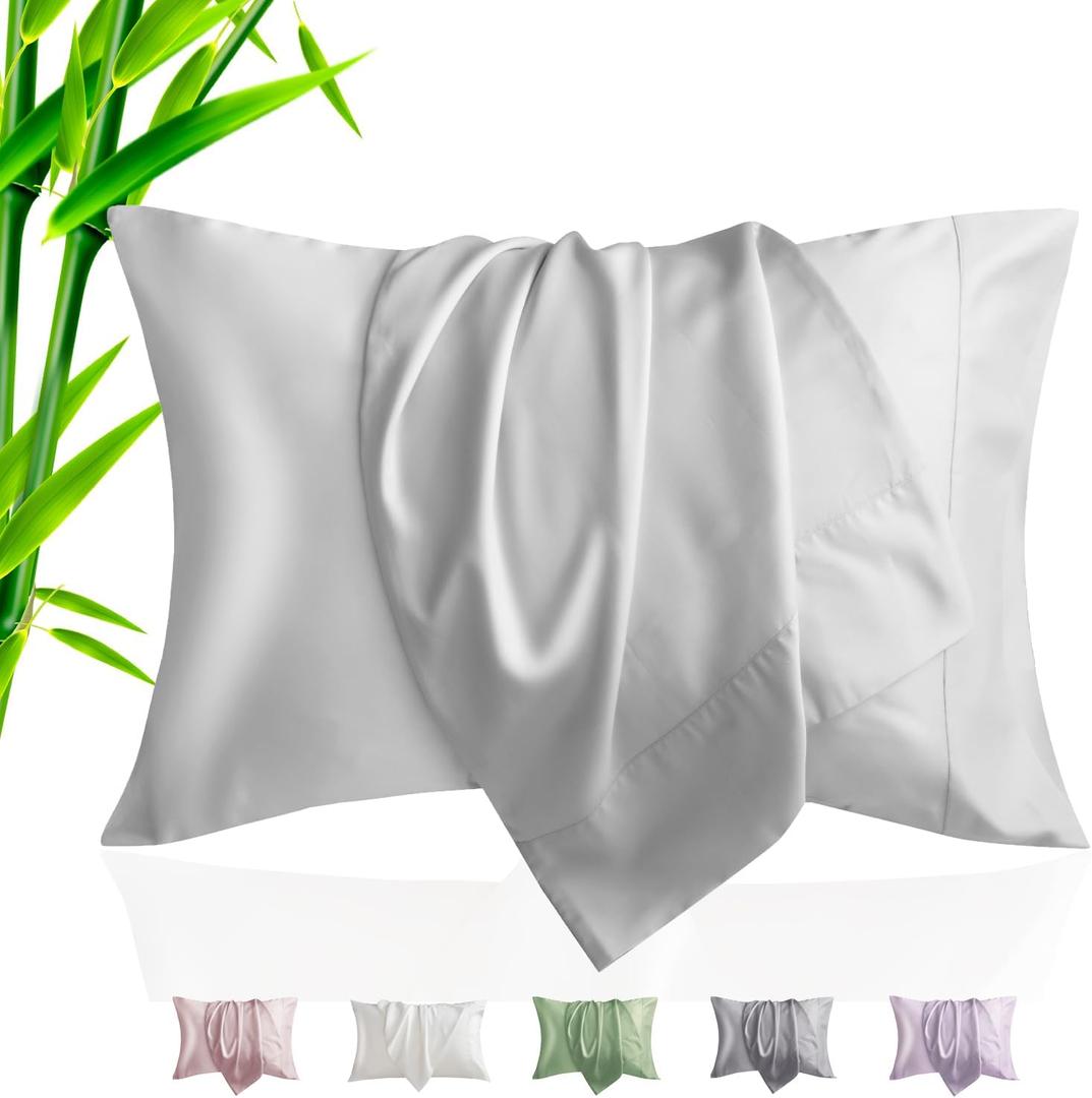TELUS Pillow Cases Standard Size 2 Pack, Bamboo Rayon & Lyocell Pillowcase with Envelope Closure, Cooling Breathable Pillow Cover for Hot Sleeper & Night Sweats, 20x26 inch, Light Grey