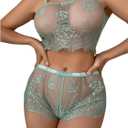 SOLY HUX Women's Floral Lace Sheer Bra and Boyshorts Panty 2 Piece See Through Lingerie Set (Plain Green) Medium