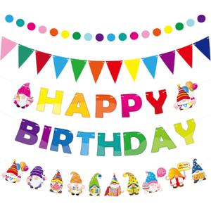 Sinload 5 Pcs Gnome Happy Birthday Party Bunting Banner Colorful Gnome Birthday Decorations Pennant Banners Rainbow Party Backdrop Supplies