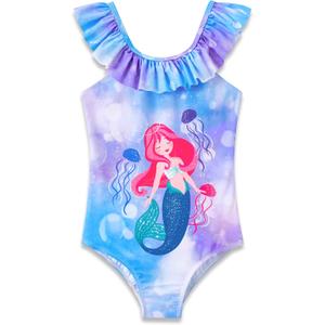 Dvenki Girls One Piece Swimsuit - Adjustable Strap, Checked Face & Mermaid Print Toddler Ruffle Bathing Suit Size 2T-10