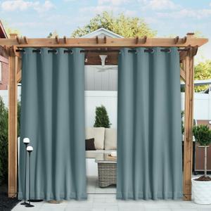 NICETOWN 2 Panels Waterproof Outdoor Curtains Fixed Grommet & Back Tab on Top & Bottom, Thermal Insulated Keep Rain & Sun Out Blackout Windproorf Outdoor Drapes with Rope, W52 x L84, Greyish Blue
