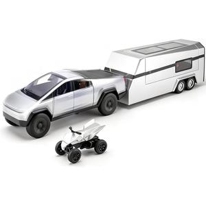 Cyber Style Truck Alloy Diecast Toys with Metal Trailer and Motorcycle Pull Back Pickup Model with Sound and Light Effect Race Car for Kid Adult Age for 3 Year Old and Up