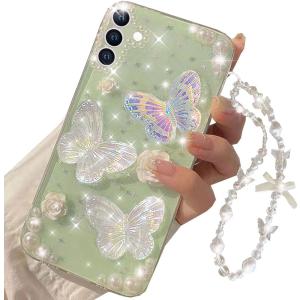 For Samsung Galaxy A16 5G Case 3D Butterfly Floral Pearls Design wtih Hand Wrist Strap, Clear Cute Bling Glitter Sparkle Aesthetic Bracelet Phone Cover for Galaxy A16 (Clear)