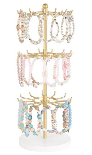 Mkono Bracelet Holder Gold Metal Rotating Bracelet Display Stand 3 Tier Jewelry Tower rack with 36 Hooks and Wood Base Modern Adjustable Storage Organizer Tree for Selling KeyChain Bangle Accessories