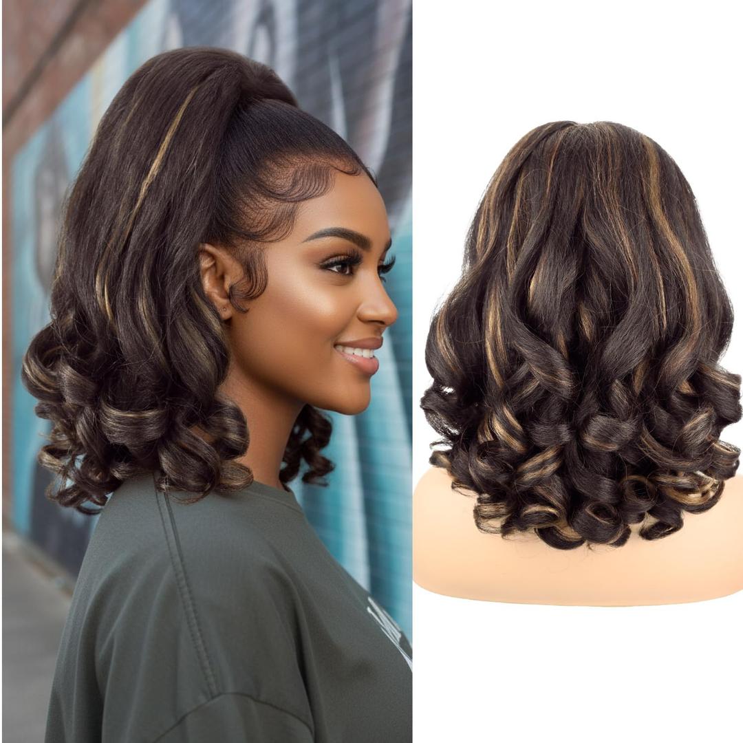 Curly Ends Yaki Straight Drawstring Ponytail for Women 18inch Curly Drawstring Ponytail Extension Synthetic Kinky Straight Ponytail with Curly Ends(Dark Brown with Golden Highlights 4H27)