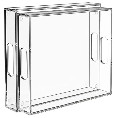 Collwait 2 Pack Serving Tray with Handles, Clear Acrylic Tray for Serving Food, Large Outdoor Food Trays for Eating, Lucite Acrylic Trays for Appetizer, Pizza, Fruit and Drinks, Unbreakable, 16"×12"
