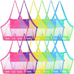 Woanger 12 Pcs Summer Mesh Beach Bag Extra Large Beach Toys Gear Mesh Bag for Beach Foldable Mesh Beach Tote for Kids Sand Toy Market Grocery Picnic Vacation Storage, 18 x 12 x 18''