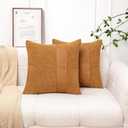 Pack of 2 Orange Brown Boucle Decorative Pillow Cover with Faux Leather Modern Accent Pillow Case 20 x 20 Inch Textured Stripe Cushion Covers for Chair Sofa Bedroom Living Room Home Decor