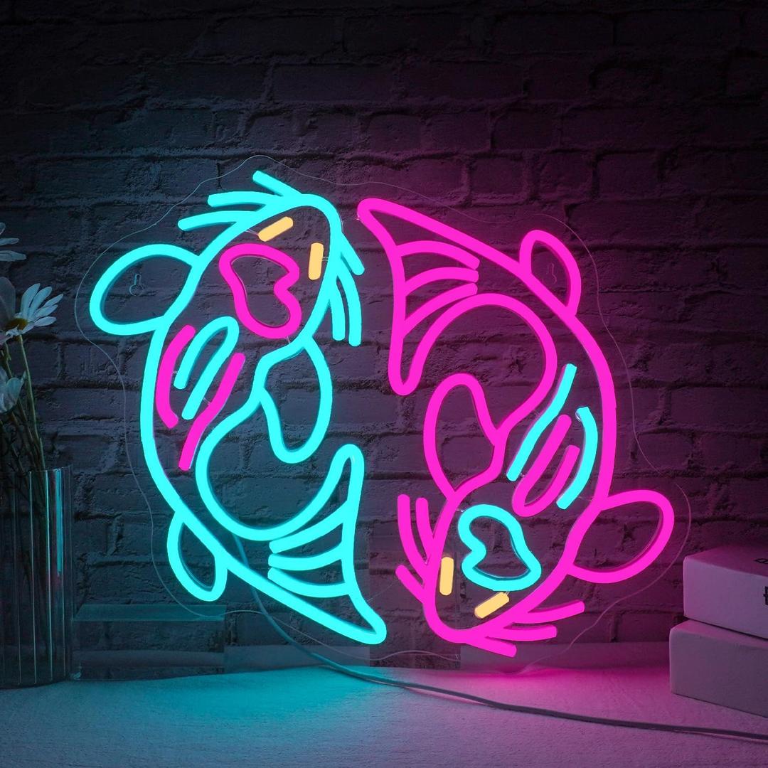 WLHOPE Koi Fish Neon Sign for Wall Decor Koi Carp Neon Light Fish Neon Signs Dimmable Neon Lights Blue Pink Fish LED Light Up Sign for Bedroom Bar Restaurant Office Fishroom Koi Pond