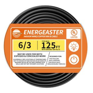 Solid Indoor 6/3 Type NM-B Pure Copper Cable 125FT, Black, 6 AWG 3 Conductors with Ground Wire
