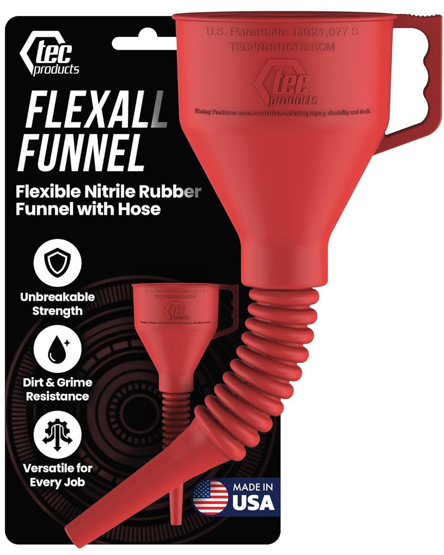 TEC Products FlexAll Long Flexible Funnel for Automotive Use - Durable Nitrile Rubber - Ideal for Car Oil Change, Transmission Funnel Fluid, Diesel, Fuel, Gas - Made in USA - Red (16 x 5 Inches) (Large)
