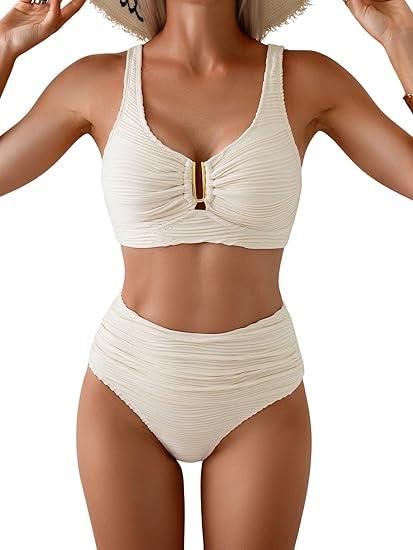 Eomenie Bikini Sets for Women High Waisted Two Piece Bathing Suit U Wired V Neck Swimsuit Adjustable Straps Swimwear,M