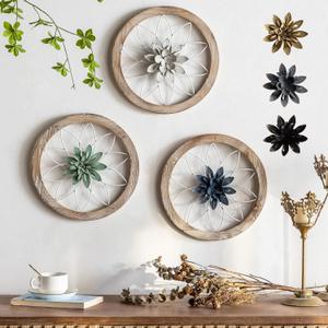 Paquesta 3 Piece Round Farmhouse Wall Decor with 6 Piece Interchangeable Flowers 12'' Medallion Wood & Metal Rustic Wall Art for Living Room Bedroom Kitchen Bathroom Dining Room Home Decorations (white wheel)