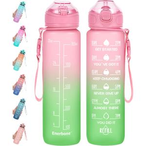 Enerbone 32 oz Water Bottle with Times to Drink and Straw, Motivational Drinking Bottles Carrying Strap, Leakproof BPA & Toxic Free, Ensure You Enough for Fitness Gym Outdoor Watermelon
