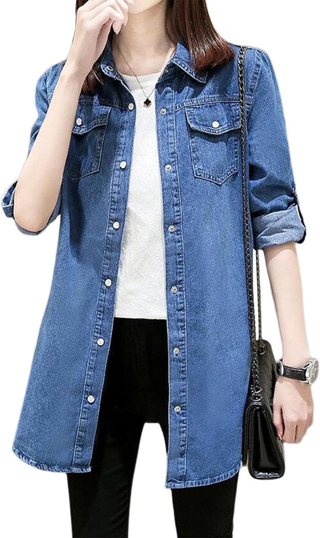 Jofemuho Women's Denim Shirt Long Sleeve Button Down Jean Jacket Shirt, Size S