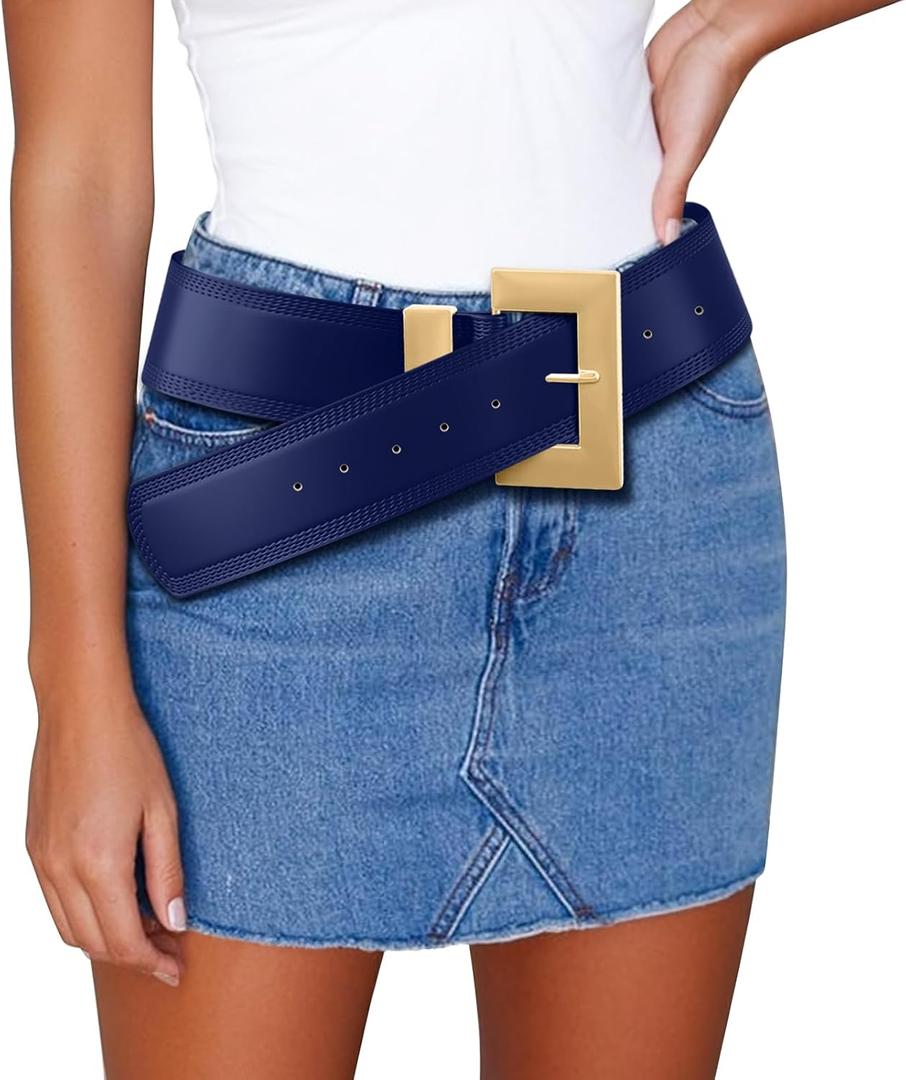 Chunky Western Belts for Woman, Boho Leather Belt with Big Buckle, Cowgirl Hip Fashion Accessory for Dresses (Blue)  L: Fit Waist Size 35"-40"