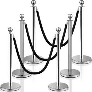 Ferraycle 6 Pcs Crowd Control Stanchions and Velvet Ropes 5 ft Poles Silver Crowd Control Barriers Black Ropes Stainless Steel Stanchions Post for Party Supplies
