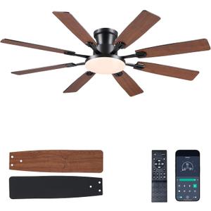 JSAITEE 60Inch Ceiling Fan with Lights and Remotes, Large Low Profile Flush Mount Ceiling Fans,DC Reversible Motor, 3CCT Dimmable,Noiseless,Dual Finish, Brown 6 Speeds Ceiling Fan for Indoor/Outdoor