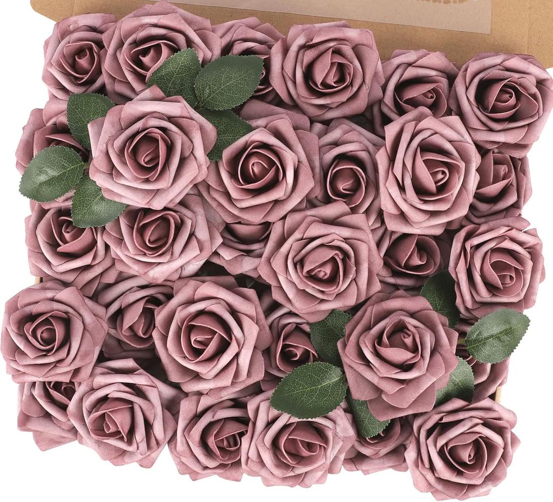 MACTING Artificial Rose Flowers 30PCS Real Touch Fake Flowers with Stem Foam Roses for DIY Wedding Bouquets Table Centerpieces Baby Shower Party Spring Home Mothers Day Decor (Dusty Purple Pink)