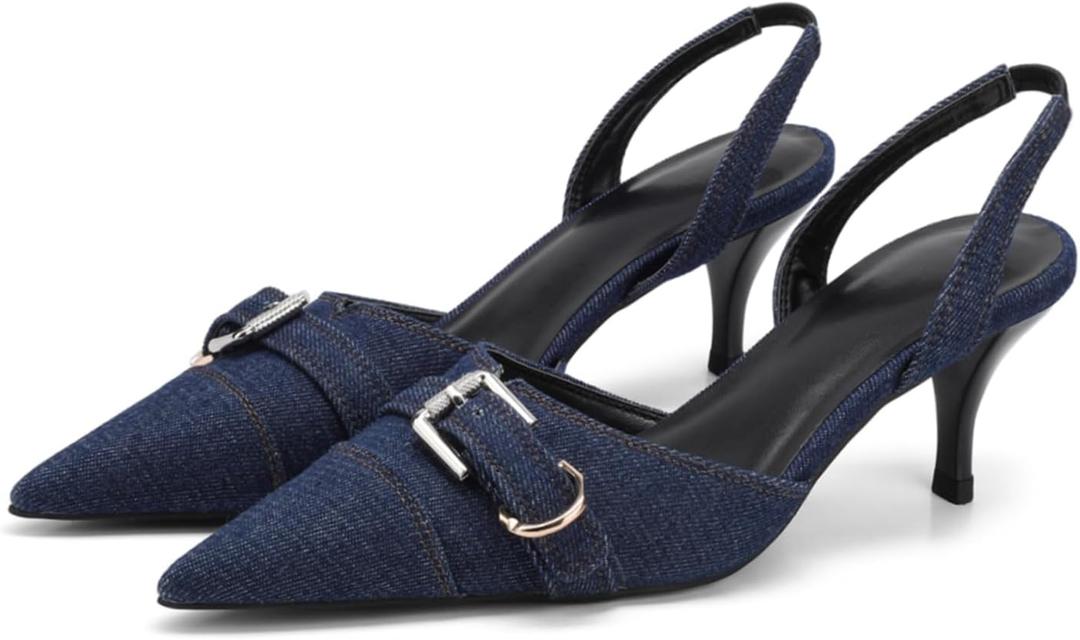 Women's Kitten Heel Pointed Closed Toe Slingback Pumps Comfort Low Heel Slip On Metal Buckle Pumps Fashion Wedding Prom Dressy Sandal Pumps for Women Dark Blue Denim Size 9