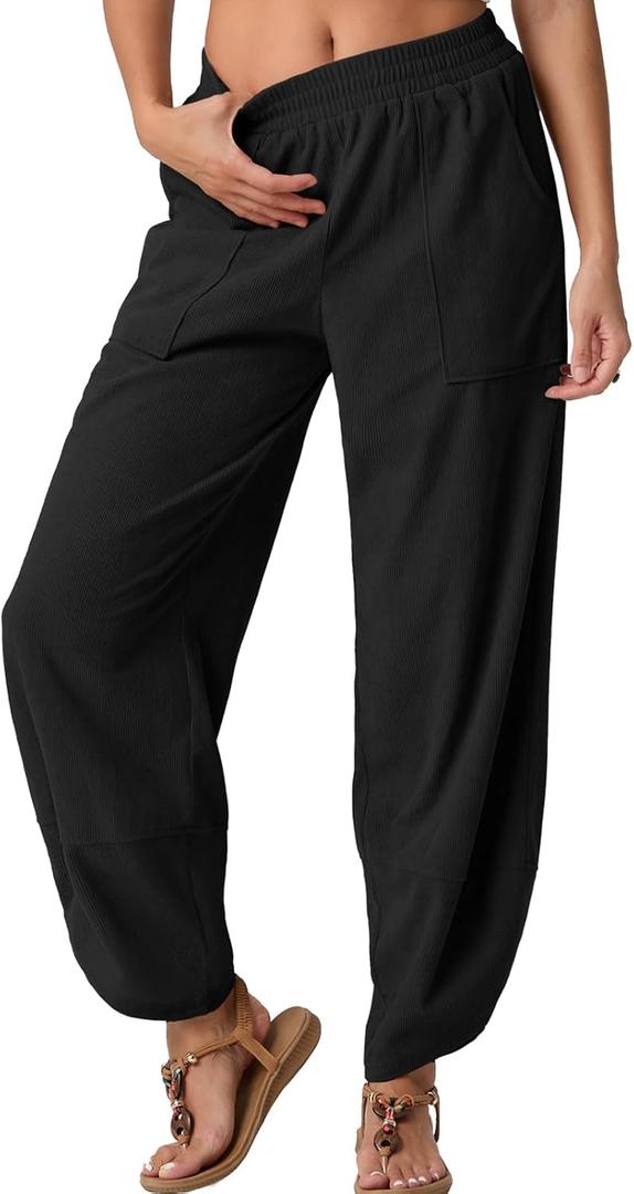 Womens Wide Leg Harem Pants Palazzo Boho Casual Loose Elastic Waist 2025 Travel Vacation Outfits with Pockets (Small)