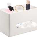 Rectangular Tissue Box Cover with Storage Tray, Leather Facial Tissue Box Holder for Bathroom, Office Table, Countertop, Night Stand & More (White)