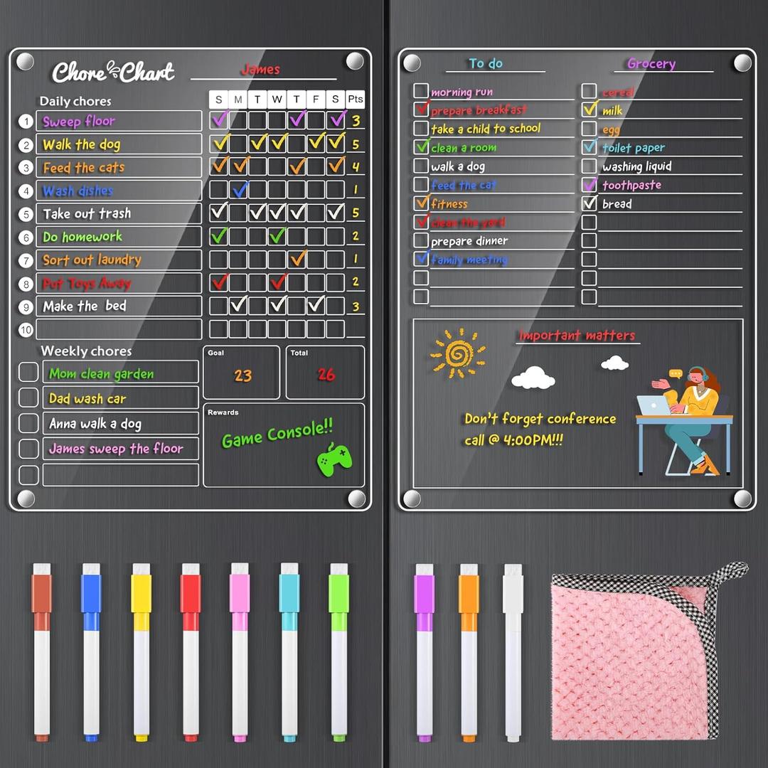 Acrylic Magnetic Chore Chart for Kids,Chores Chart for Fridge Refrigerator,Dry Erase Behavior Chore Chart for Multiple Kids,Responsibility Reward Chart for Teens Adults Family,11.5"x15" (1+1list)