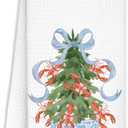 Christmas Chinoiserie Kitchen Towels Decor,Blue Bow Christmas Tree Towels Gifts,Red Lobster Christmas Hand Towels for Bathroom Kitchen,Grandmillennial Decor,16x24 Inches