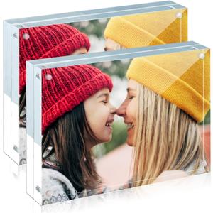 ILYXY 2 Pack Acrylic Frame 5x7, 20% Thicker, 24mm Thick Frameless Clear Picture Frame, Double Sided Magnetic Photo Frame, Free Standing Desktop Display Stand Acrylic Picture Frames