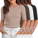 4 Pack Girl's Half Sleeve T Shirts Kids Ribbed Lettuce Trim Tops Boat Neck Fitted Summer Casual Tees, 5-16 Years