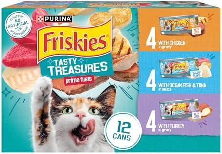 Purina Friskies Wet Cat Food Variety Pack, Tasty Treasures Prime Filets (With Ocean Fish and Tuna, With Chicken and With Turkey) - 5.5 Ounce (Pack of 12) BB 4/2027