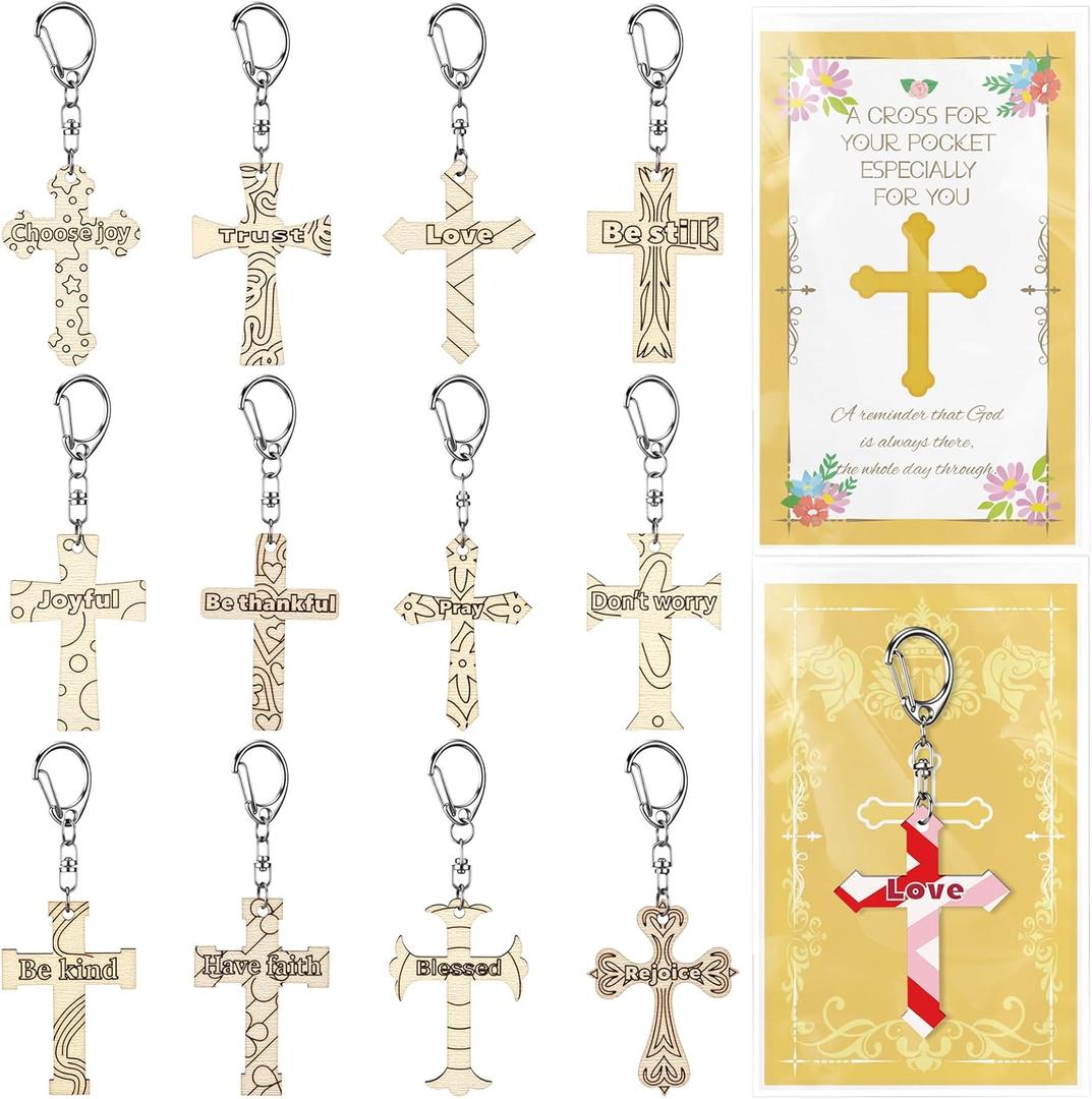 2 x Cunno 25 Set Christian Easter Crafts for Kids Religious Gifts for Sunday School Easter Day Craft DIY Wooden Cross Keychain Color Your Own Ornaments for Easters Party Favor Church Bible Study