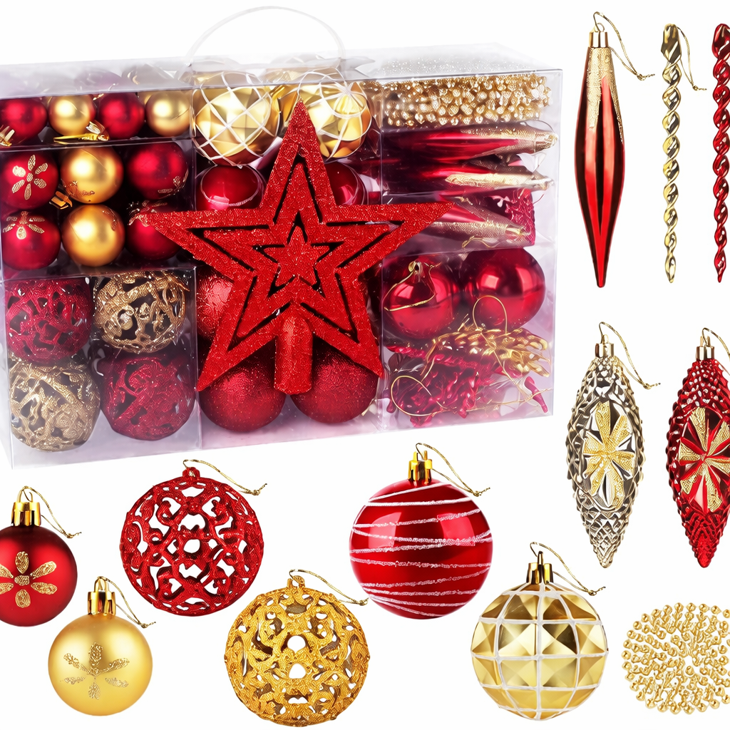 Christmas Ball Ornament Set, 88Pcs Plastic Shatterproof Christmas Xmas Tree Hanging Decorations, for Indoor Home Thanksgiving Halloween Party Decor (Gold/Red)